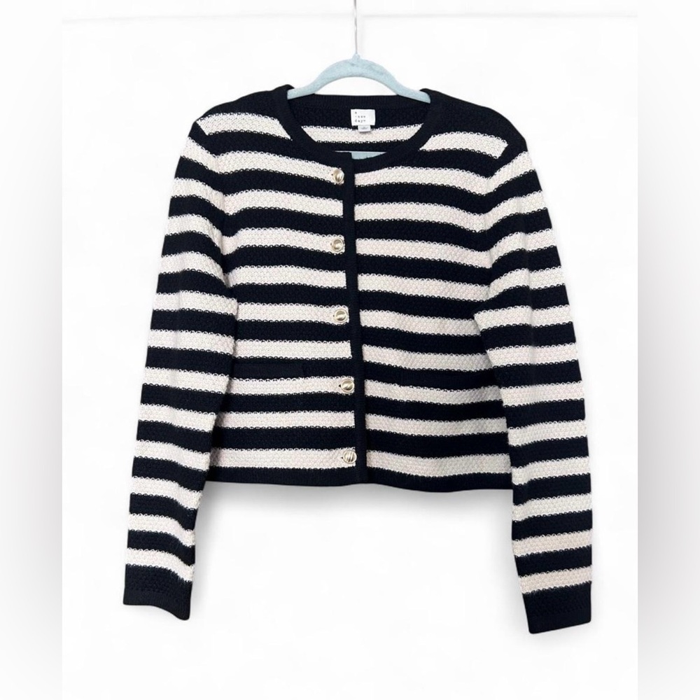 A New Day Black & White Striped Cardigan Sweater Medium Gold Button Knit